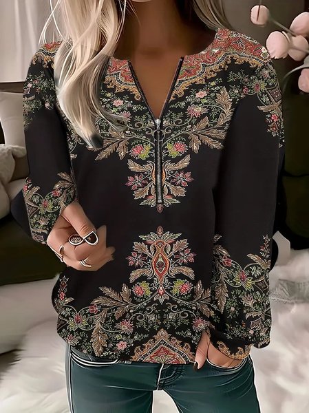 Casual Crew Neck Geometric Sweatshirt Zipper, Black, Blouses
