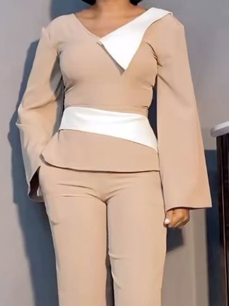 

V Neck Split Joint Regular Fit Bell Sleeve Urban Blouse, Khaki, Blouses and Shirts