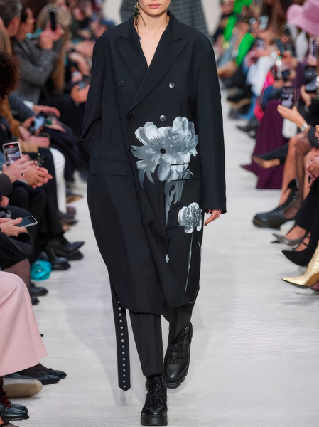 

Floral Pocket Stitching Loose Urban Coat, Black, Trench Coats