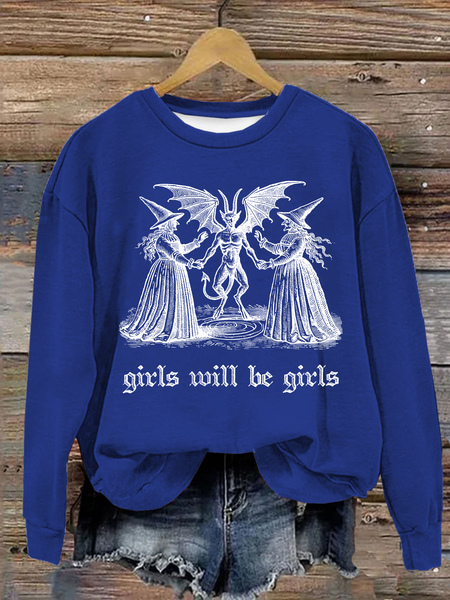 

Girls Will Be Girls Witch Vintage Halloween Loose Casual Crew Neck Cotton Sweatshirt, Royal blue, Hoodies&Sweatshirts