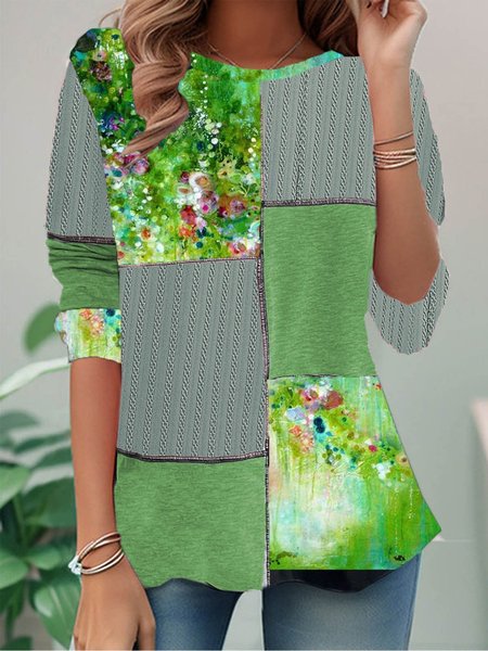 

Casual Floral Crew Neck Long Sleeve T-shirt, Green, Blouses