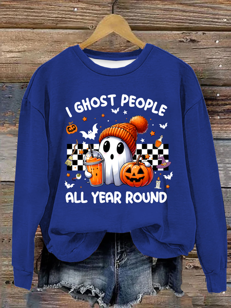 

Retro I Ghost People Halloween Cute Ghost Pumpkin Text Letters Casual Cotton Loose Sweatshirt, Royal blue, Hoodies&Sweatshirts