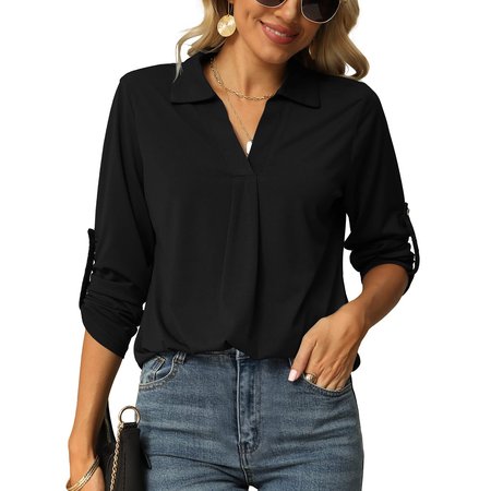 

Shirt Collar Long Sleeve Plain Regular Loose Blouse For Women, Black, Blouses