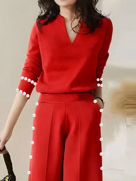 

Imitation Pearls Urban Notched Regular Sleeve Plain Loosen Sweater, Red, Pullovers