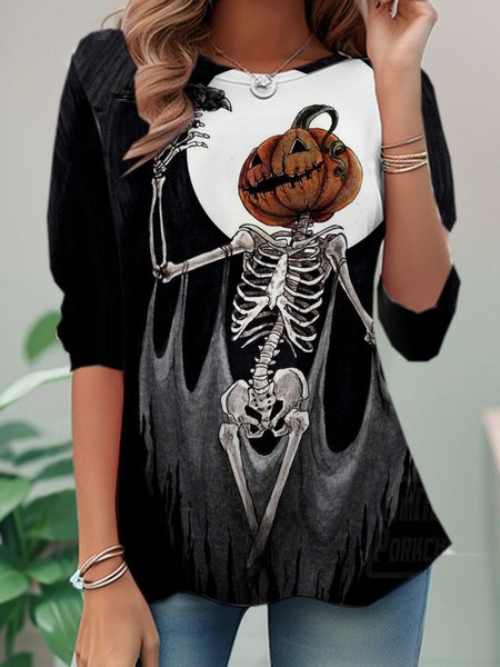 Casual Halloween Crew Neck Long Sleeve T-shirt, Black, Blouses