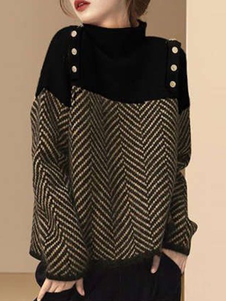 Color Block Casual Long Sleeve Loose Sweater, Black, Pullovers