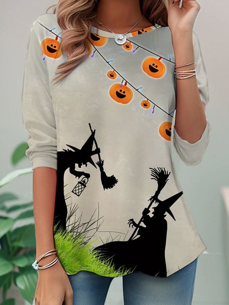 

Casual Halloween Crew Neck Long Sleeve T-shirt, Multicolor, Blouses