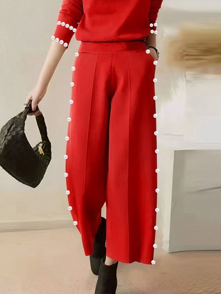 

Loosen Plain Urban Imitation Pearls Pants, Red, Pants