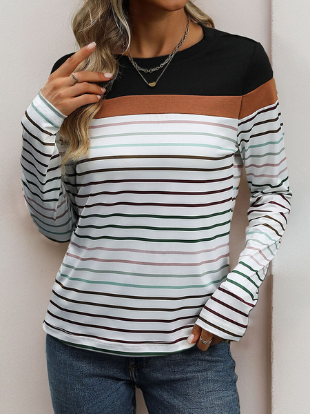 

Women's Long Sleeve Tee T-shirt Spring/Fall Striped Knitted Crew Neck Daily Going Out Casual Top, Black, T-Shirts