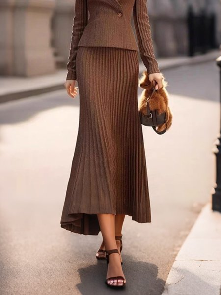 Elegant High Waist Pleated Knit Maxi Skirt, Coffee, Skirts