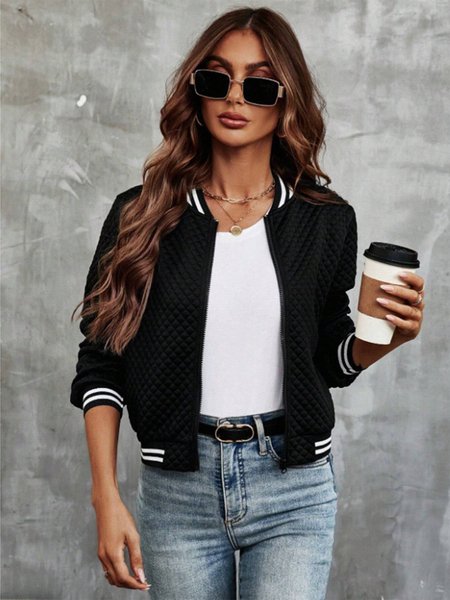 

Spring/Fall Long Sleeve Zipper Crew Neck Plain Casual Jacket, Black, Outerwear
