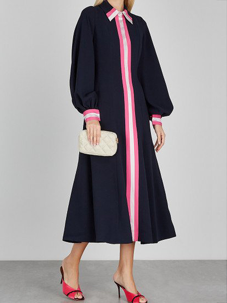 

Regular Fit Color Block Regular Sleeve Shirt Collar Long Sleeve Urban Shirt Dress, Black, Midi Dresses