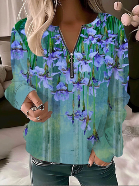 Casual Crew Neck Floral Sweatshirt, Green, Hoodies & Sweatshirts