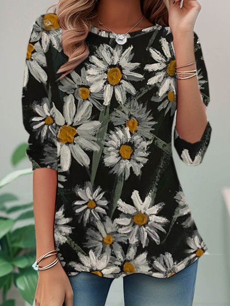

Casual Floral Crew Neck Long Sleeve T-shirt, Black, Blouses