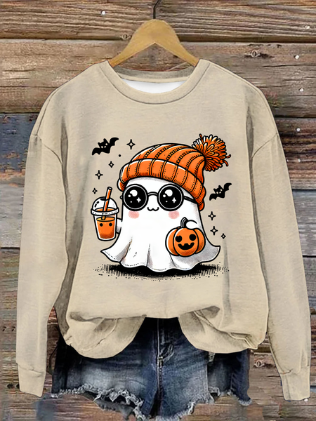 

Cute ghost Halloween Loose Crew Neck Casual Cotton Sweatshirt, Apricot, Hoodies&Sweatshirts