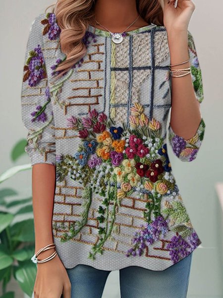 

Casual Floral Loose Jersey T-Shirt, Multicolor, Long sleeves