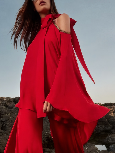 

Plain Loose Bow Bell Sleeve Elegant Blouse, Red, Blouses and Shirts