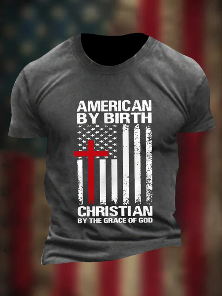 

Men's American By Birth Christian By The Grace Of God Independence Day American Flag Cross Casual Tee, Dark gray, T-shirts