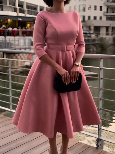 Crew Neck Plain Regular Fit Elegant Dress With Belt, Pink, Midi Dresses