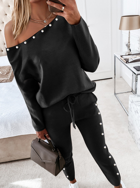 

Women Abstract Crew Neck Long Sleeve Comfy Casual Top With Pants Two-Piece Set, Black, Sets