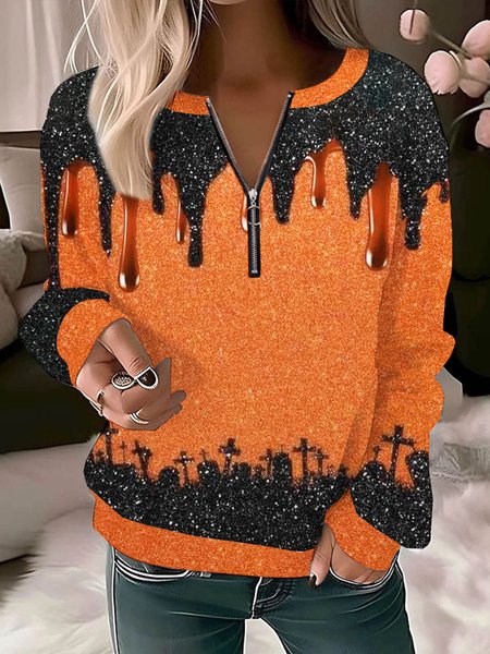

Casual Crew Neck Halloween Sweatshirt Zipper, Orange, Hoodies & Sweatshirts