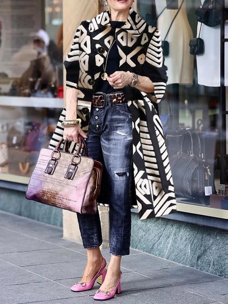 

Urban Geometric Loose Trench Coat, Black-white, Coats