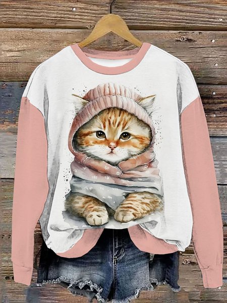 Casual Crew Neck Cat Sweatshirt, Pink, Hoodies & Sweatshirts
