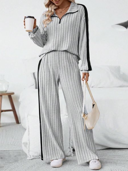 

Women Color Block Crew Neck Long Sleeve Comfy Casual Top With Pants Two-Piece Set, Gray, Sets