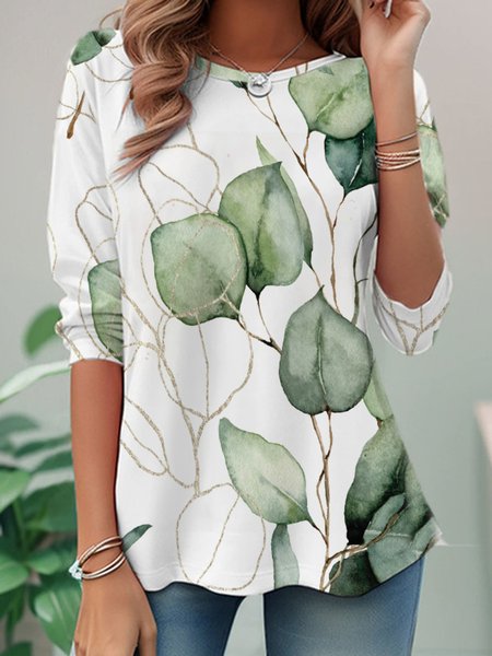 Casual Leaf Crew Neck Long Sleeve T-shirt, Green, T-shirts