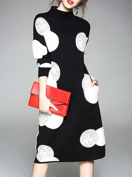 

Polka Dots Elegant Stand Collar Sweater Dress, Black, Midi Dresses