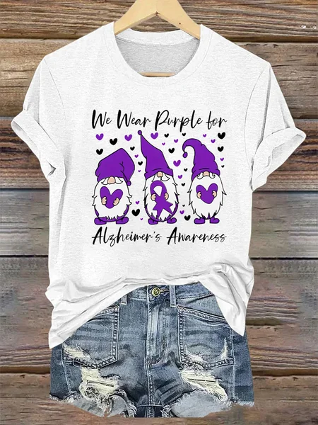 

We Wear Purple for Alzheimer's Gnome Loose Casual Crew Neck Text Letters T-Shirt, White, T-shirts