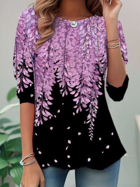 

Casual Leaf Crew Neck Long Sleeve T-shirt, Purple, T-shirts