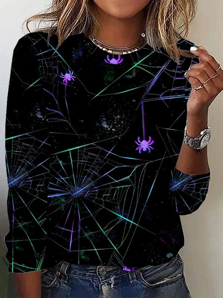 Crew Neck Casual Halloween Jersey T-Shirt, Black, Long sleeves