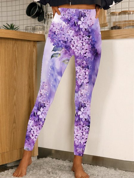 Casual Floral Long Leggings, Purple, Leggings