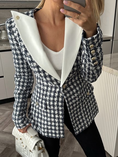 

Regular Sleeve Houndstooth Shawl Collar Urban Blazer, Black-white, Blazers