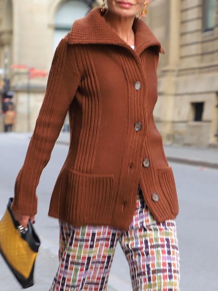 

Urban Plain Buttoned Daily Long Sleeve Cardigan, Brown, Cardigans