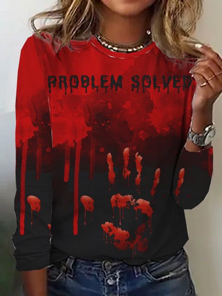 

Casual Halloween Crew Neck Long Sleeve T-shirt, Red, T-shirts