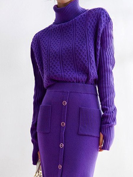 

Turtleneck Urban Long Sleeve Plain Sweater, Purple, Pullovers