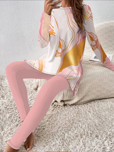 

Women Abstract Crew Neck Long Sleeve Comfy Casual Top With Pants Two-Piece Set, Pink, Sets