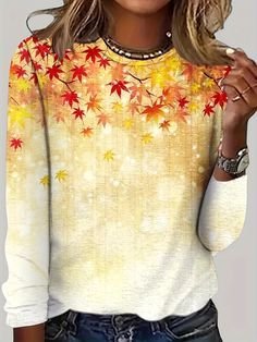 

Casual Maple Leaf Loose Jersey T-Shirt, Yellow, Long sleeves