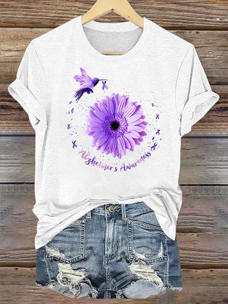 

Hummingbird Sunflower Purple Ribbon Alzheimer's Awareness Crew Neck Casual T-Shirt, White, T-shirts