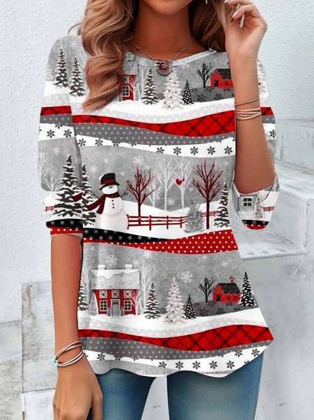 

Vintage Christmas Snowman Crew Neck Long Sleeve T-shirt, Gray, T-shirts