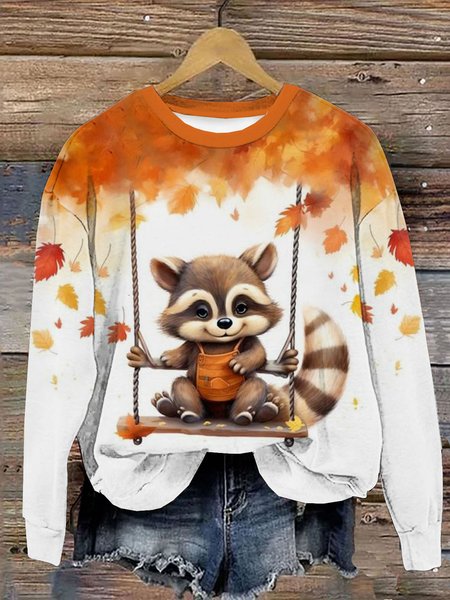Casual Crew Neck Animal Sweatshirt, Orange, Hoodies & Sweatshirts