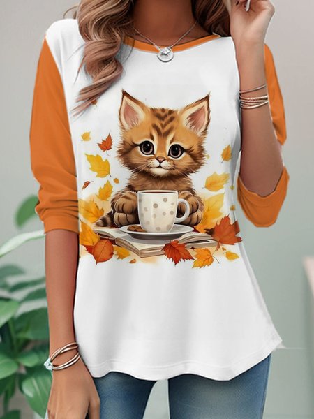 

Casual Cat Crew Neck Long Sleeve T-shirt, Orange red, T-shirts