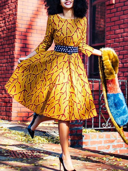 

Random Print Regular Sleeve Casual Midi Dress With Belt, Yellow, Midi Dresses