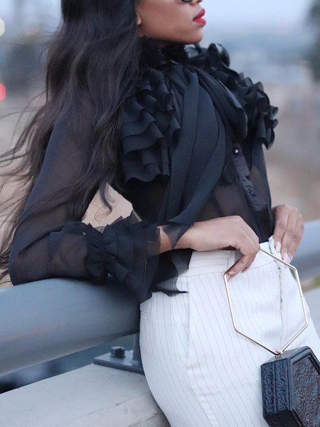 Ruffle Sleeve Peplum Elegant Plain Shirt, Black, Blouses and Shirts