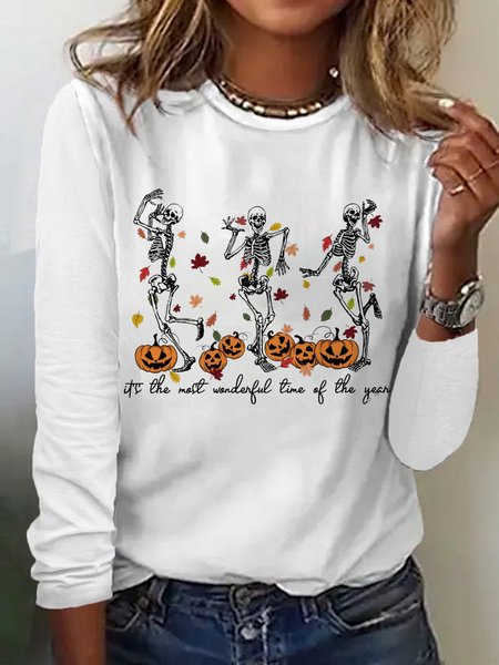 Casual Halloween Crew Neck Long Sleeve T-shirt, White, T-shirts