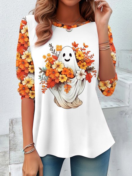 

Vintage Floral Crew Neck Long Sleeve T-shirt, Orange, Blouses