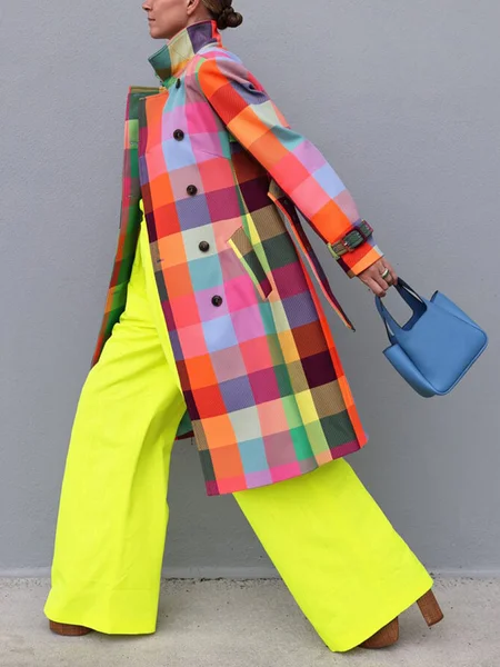 

Color Plaid Urban Long Sleeve Trench Coat With Belt, As picture, Coats