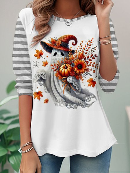 

Casual Halloween Crew Neck Long Sleeve T-shirt, White, T-shirts